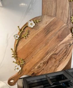Inspire Me! Home Decor Large Wood Charcuterie Board W/ Cherry Blossom Design With Handle ( 2 Shapes ) KITCHEN