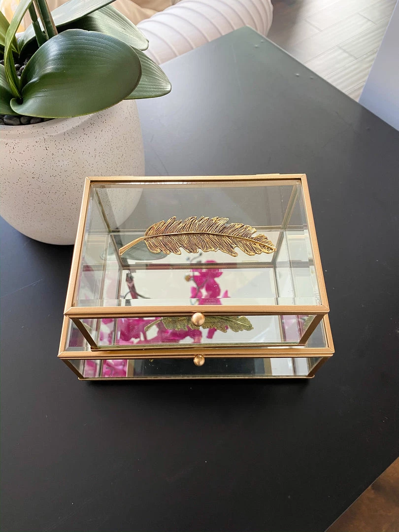Inspire Me! Home Decor Rectangle Glass & Mirror Box With Gold Feather Detail (2 Sizes)