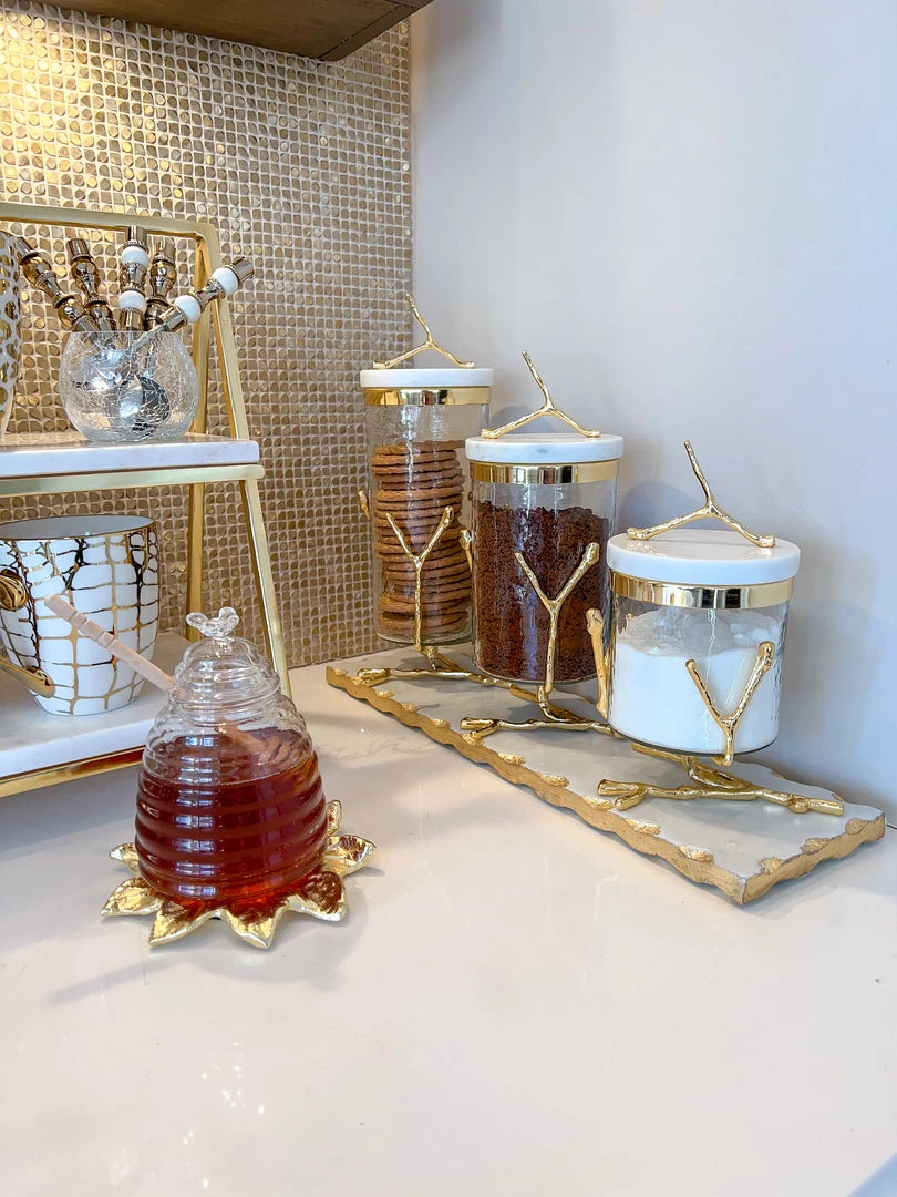 Inspire Me! Home Decor Glass Canister On Gold Twig Base With Marble Lid (3 Sizes)
