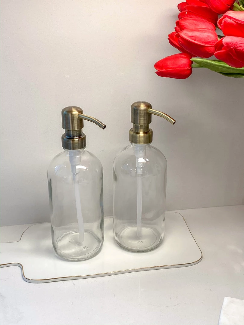 Inspire Me! Home Decor KITCHEN Clear Glass Soap Dispenser W/ Brass Finish Pump