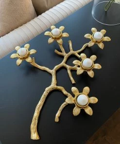 Inspire Me! Home Decor Gold Flower Branch 5 Tealight Candle Holder