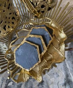 Inspire Me! Home Decor Charcoal Grey Marble Hexagon Coasters W/ Gold Edge