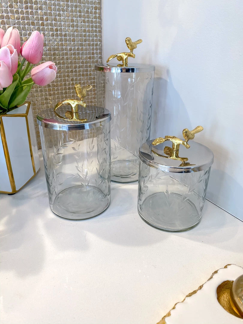 Inspire Me! Home Decor Hammered Glass Canister W/ Gold Bird Lid ( 3 Sizes Available)
