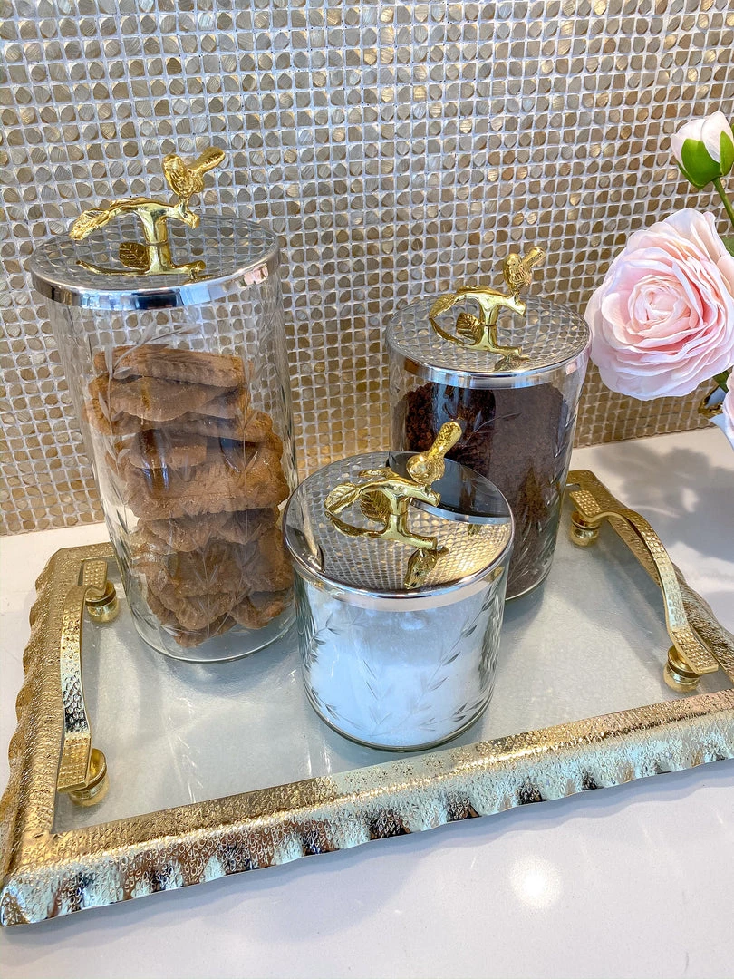 Inspire Me! Home Decor Hammered Glass Canister W/ Gold Bird Lid ( 3 Sizes Available)