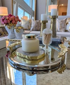 Inspire Me! Home Decor Large Round Decorative Mirror Tray With Gold Petal Handle Details