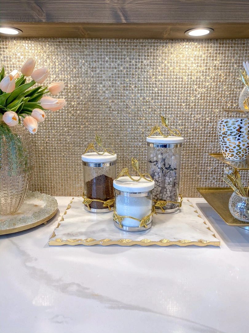 Inspire Me! Home Decor Marble And Gold Metal Leaf Branch Canisters- With Metal Rim (3 Sizes)