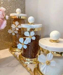 Inspire Me! Home Decor Hammered Glass Canister With White Jeweled Flower Details (3 Sizes) Gold