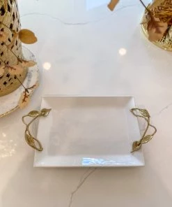 Inspire Me! Home Decor White Ceramic Tray With Gold Leaf Handles
