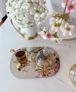 Inspire Me! Home Decor Silver Metal Oval Tray With Glass Mug & Cake Dome And Gold Leaf Details