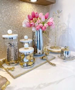 Inspire Me! Home Decor Gold Or Silver Metal Leaf Branch W/ Marble Ball Lid Canisters- With Metal Rim (3 Sizes & 2 Colors)