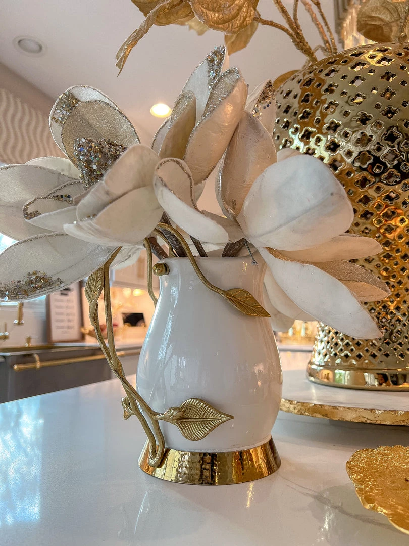 Inspire Me! Home Decor White Ceramic Pitcher With Gold Leaf Handle And Base