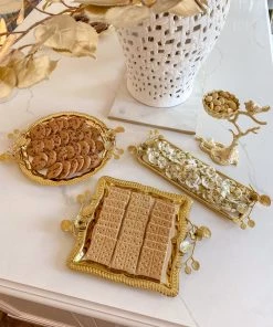 Inspire Me! Home Decor Rectangle Gold Floral Tray With White Enamel Interior