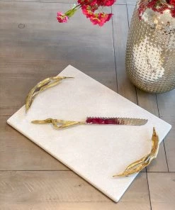 Inspire Me! Home Decor Willow Leaf Handle White Marble Tray