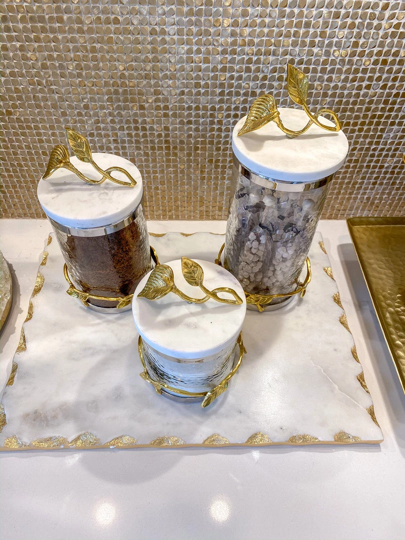Inspire Me! Home Decor Marble And Gold Metal Leaf Branch Canisters- With Metal Rim (3 Sizes)