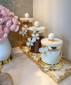 Inspire Me! Home Decor Hammered Glass Canister With White Jeweled Flower Details (3 Sizes) Gold