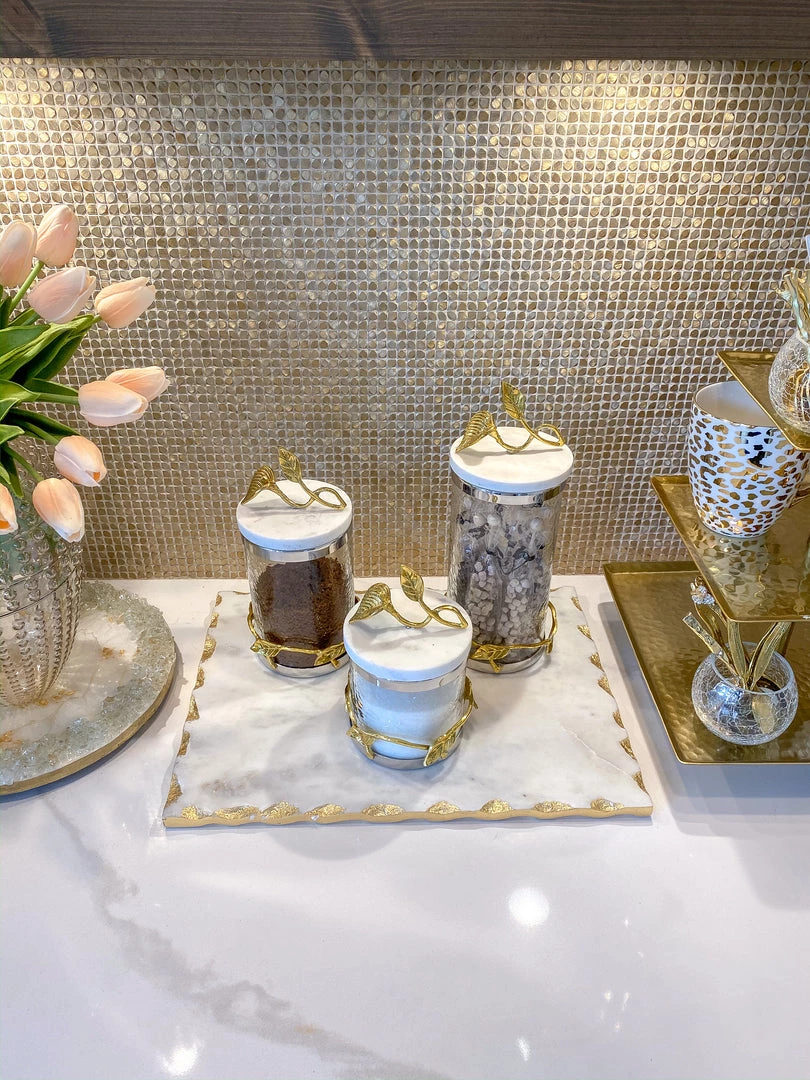 Inspire Me! Home Decor Marble And Gold Metal Leaf Branch Canisters- With Metal Rim (3 Sizes)