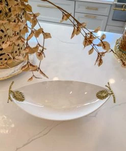 Inspire Me! Home Decor Oblong White Ceramic Bowl With Gold Leaf Details