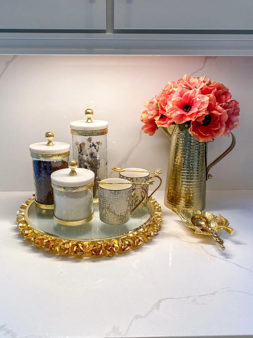 Inspire Me! Home Decor Gold Textured Rim Canisters W/ Marble Lid (3 Sizes)