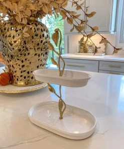 Inspire Me! Home Decor White Ceramic Two Tier Cake Stand With Gold Leaf Details