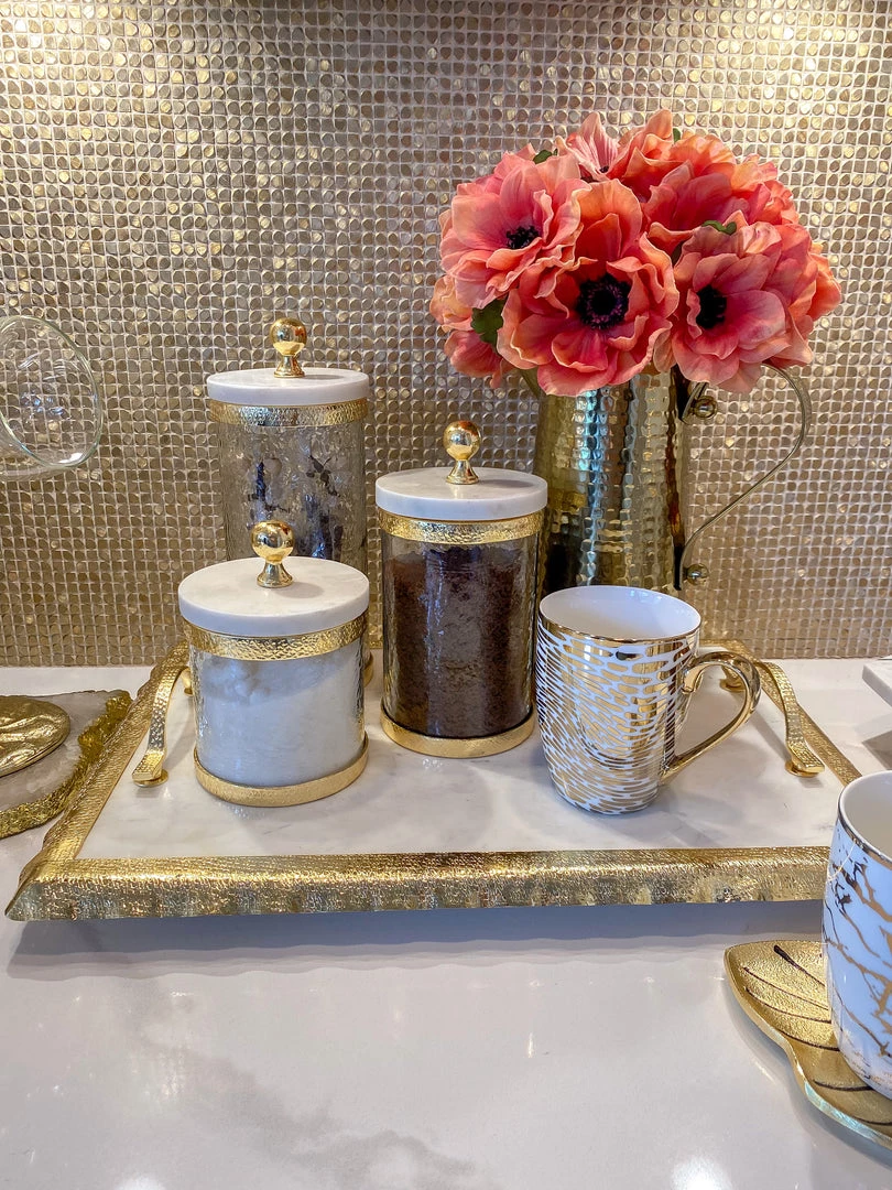 Inspire Me! Home Decor Gold Textured Rim Canisters W/ Marble Lid (3 Sizes)