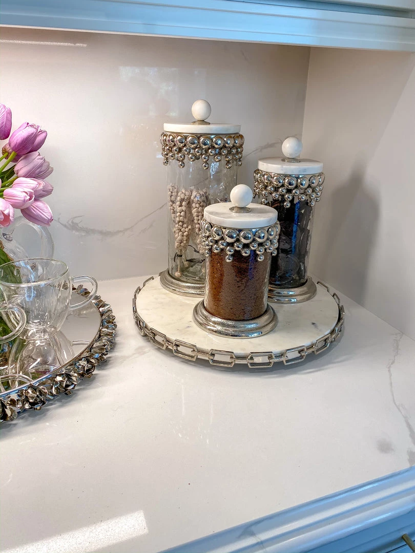Inspire Me! Home Decor Silver Beaded Canisters W/ Marble Lid (3 Sizes)