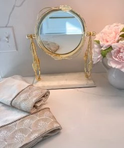 Inspire Me! Home Decor Round Table Mirror With Leaf Design Border And Marble Base (2 Colors) Gold