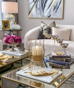 Inspire Me! Home Decor Gold Metal And Marble Hurricane Candle Holder