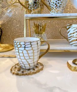 Inspire Me! Home Decor Set Of 4 - 19 Oz Gold Metallic Pattern Print Mugs