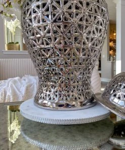 Inspire Me! Home Decor White Marble Round Lazy Susan W/ Silver Textured Edge