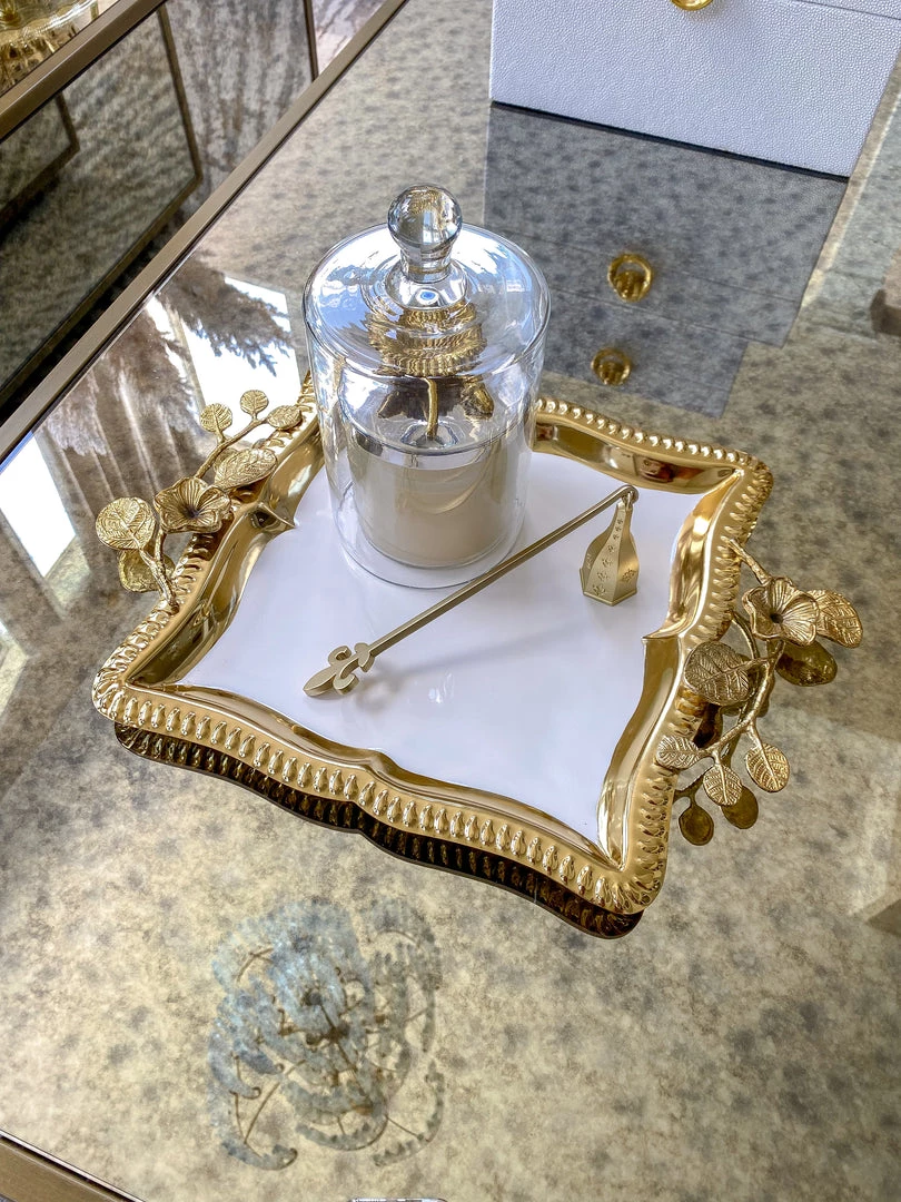 Inspire Me! Home Decor Square Gold Floral Tray With White Enamel Interior