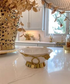 Inspire Me! Home Decor White Ceramic Bowl With Gold Leaf Details And Base (2 Sizes)