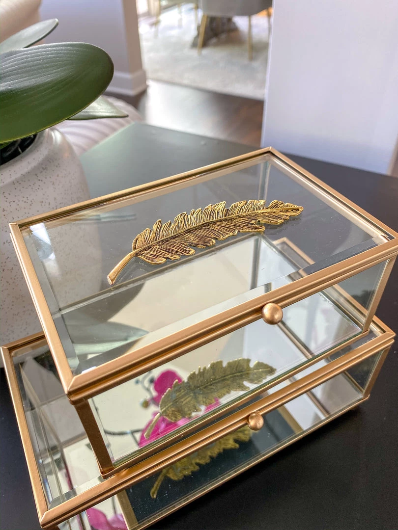 Inspire Me! Home Decor Rectangle Glass & Mirror Box With Gold Feather Detail (2 Sizes)