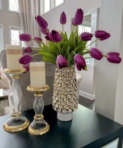 Inspire Me! Home Decor White Ceramic Vase With Gold & White Petal Design