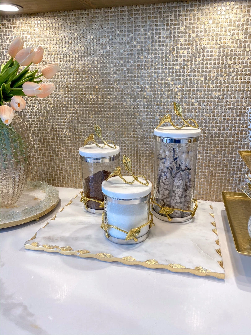 Inspire Me! Home Decor Marble And Gold Metal Leaf Branch Canisters- With Metal Rim (3 Sizes)