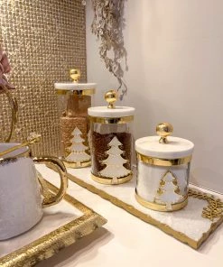 Inspire Me! Home Decor White Marble Tray With Gold Edge And Leaf Design