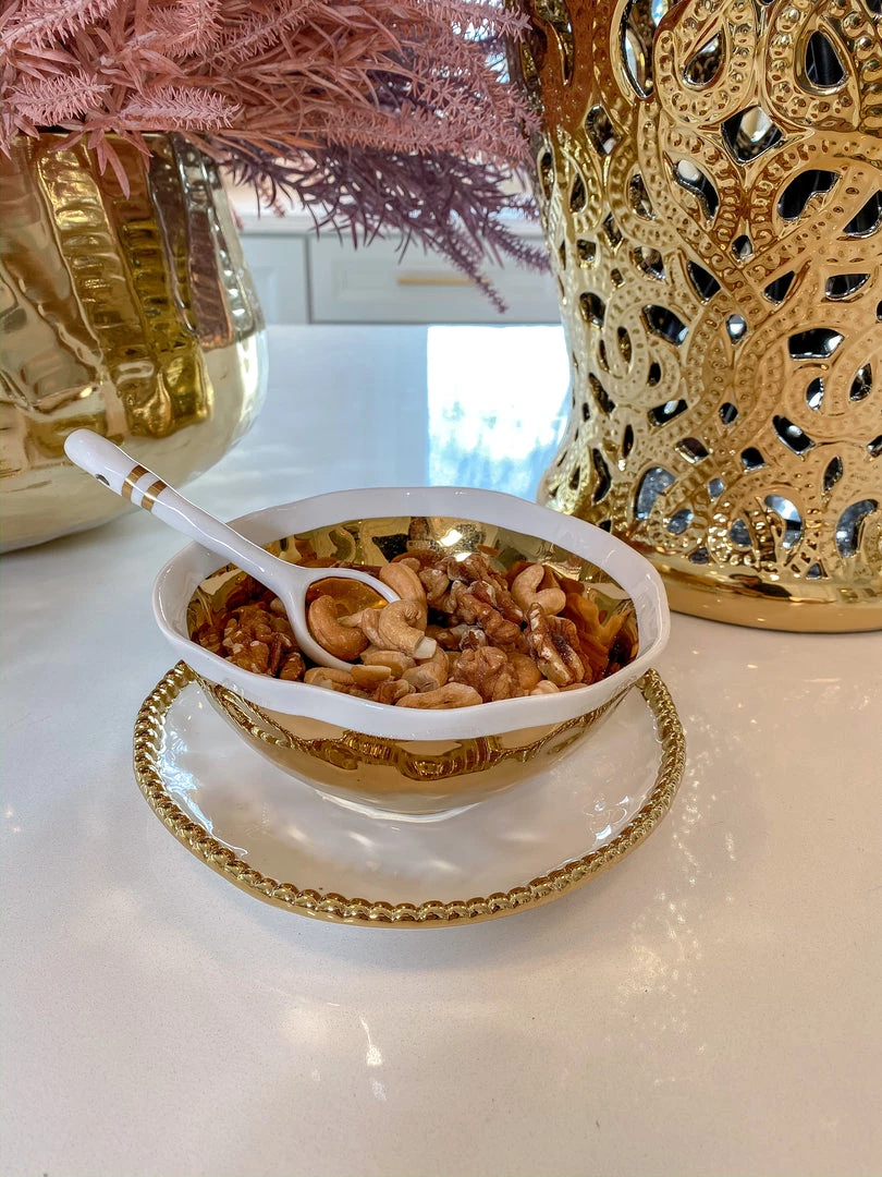 Inspire Me! Home Decor Gold And White Snack Bowl And Spoon Set