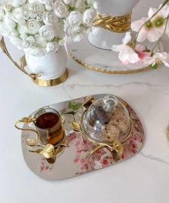 Inspire Me! Home Decor Silver Metal Oval Tray With Glass Mug & Cake Dome And Gold Leaf Details