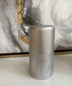 Inspire Me! Home Decor Silver Pillar Candle With Silver Glitter Band