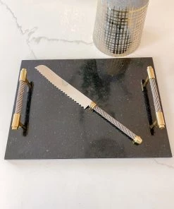 Inspire Me! Home Decor Black Marble Tray W/ Coil Handles And Knife