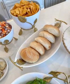 Inspire Me! Home Decor Oblong White Ceramic Bowl With Gold Leaf Details