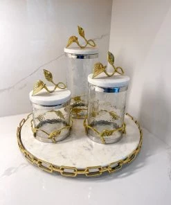 Inspire Me! Home Decor Marble And Gold Metal Leaf Branch Canisters- With Metal Rim (3 Sizes)
