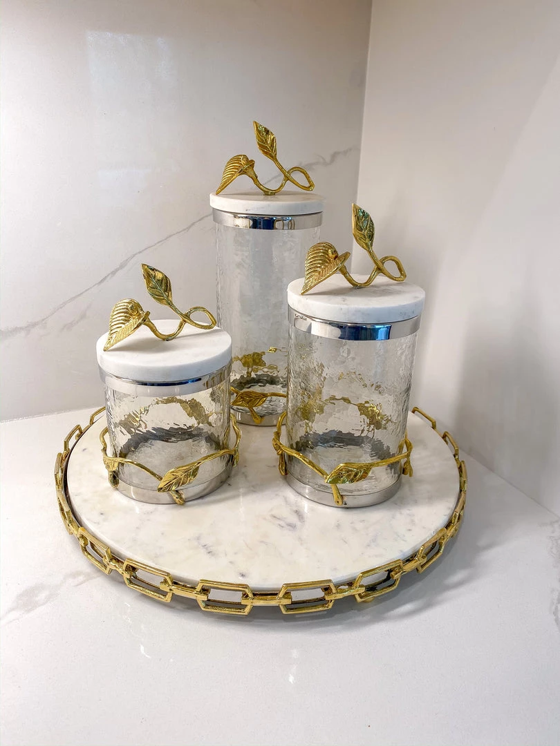 Inspire Me! Home Decor Marble And Gold Metal Leaf Branch Canisters- With Metal Rim (3 Sizes)