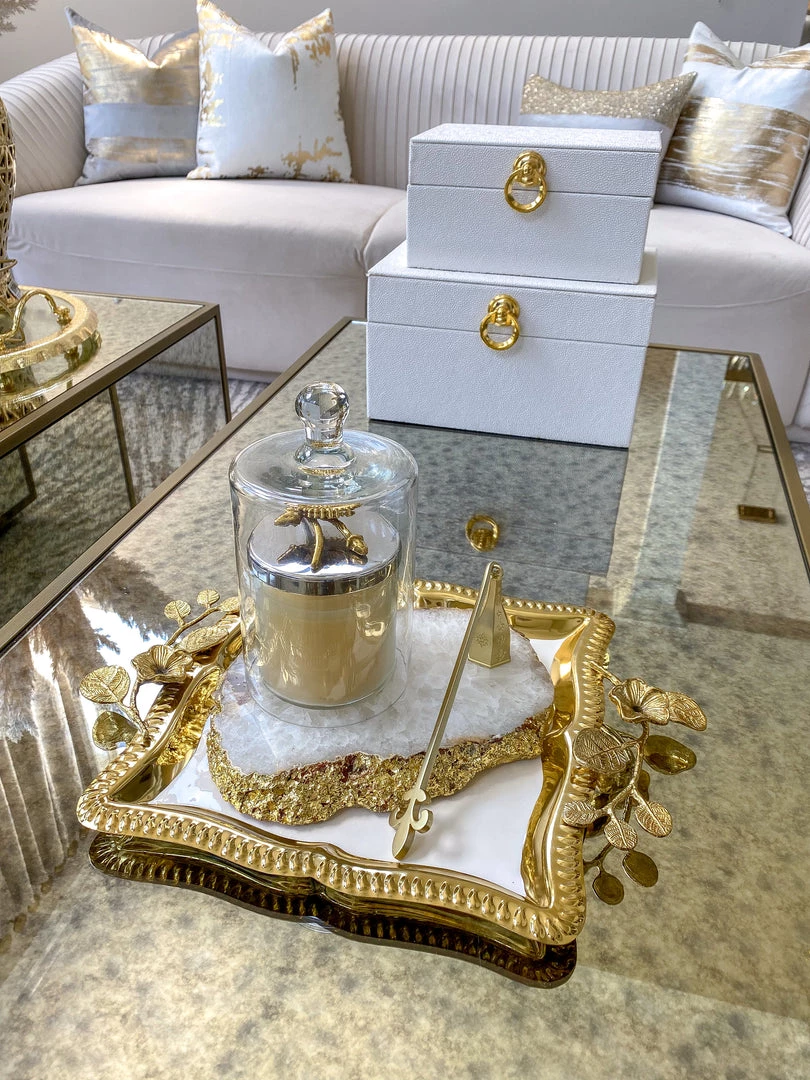 Inspire Me! Home Decor Square Gold Floral Tray With White Enamel Interior