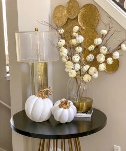 Inspire Me! Home Decor White Velvet Decorative Pumpkin With Gold Stem