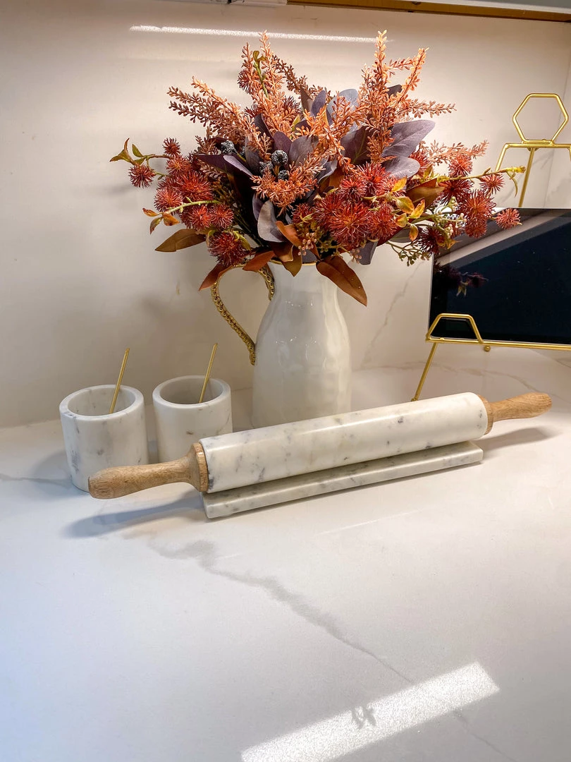 Inspire Me! Home Decor Marble Rolling Pin With Light Wood Handles And Stand