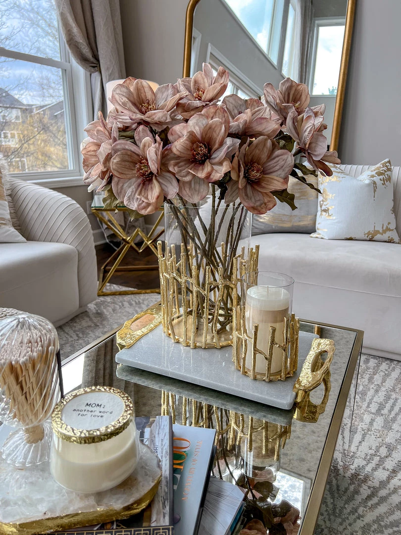 Inspire Me! Home Decor Glass Hurricane/Faux Floral Vase With Gold Twig Design (3 Sizes)