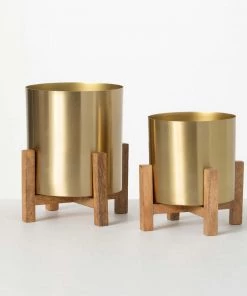 Inspire Me! Home Decor Gold Planters On Wood Stand (2 Sizes)